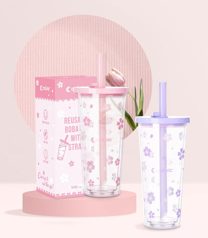Reusable Plastic Boba Cup With Lids And Straws, 24Oz/700ml Smoothie Cups, Iced Coffee Cup, Leakproof Kawaii Cup, Boba Tumbler With Boba Reusable Straw,Double Wall Clear Bubble Tea Cup