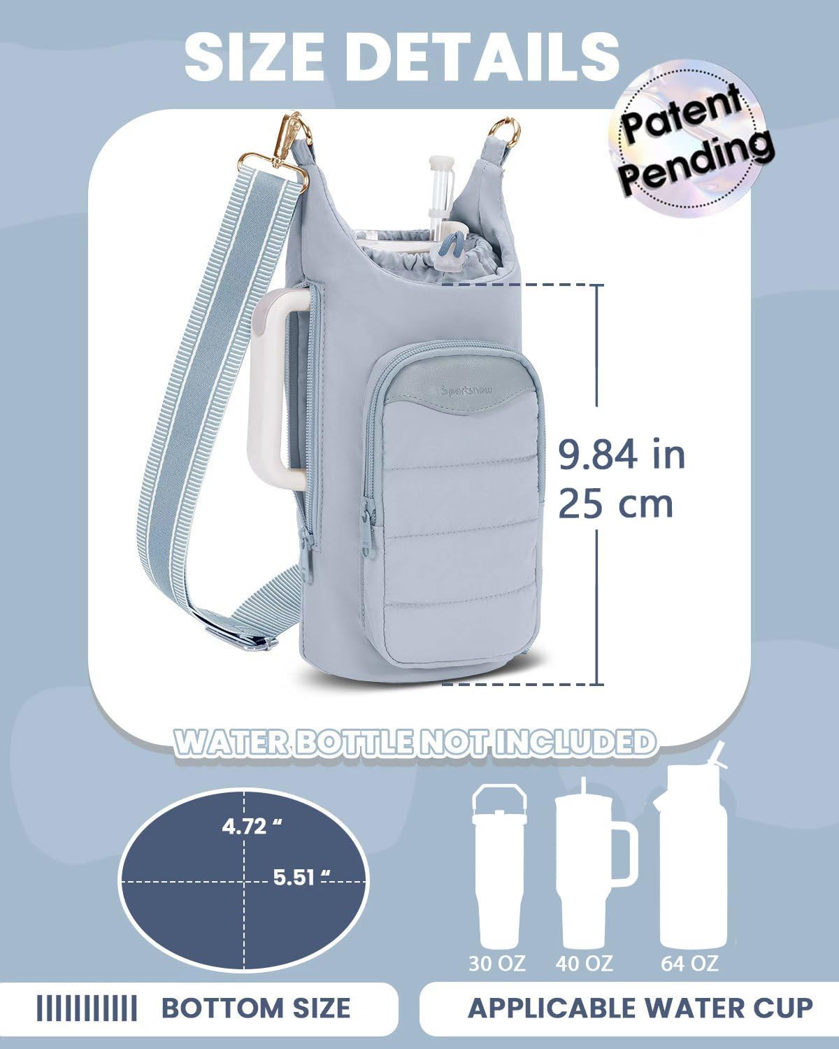 sportsnew Water Bottle Holder, Crossbody Insulated Cup Sleeve for 30oz/40oz Tumbler with Handle, Puffy Carrier Bag with Phone & RFID-Blocking Card Pocket & Drawstring Closure for Quick Access