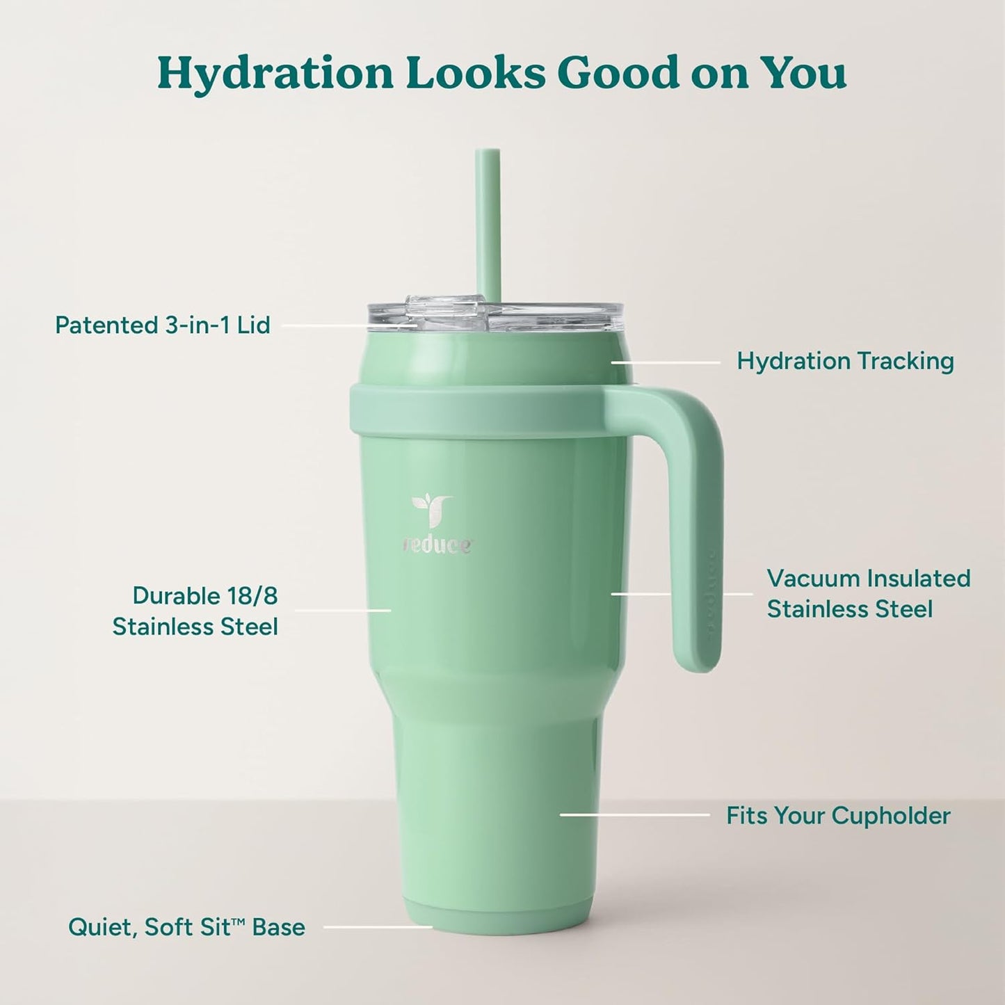 REDUCE 24 oz Stainless Steel Tumbler with Handle - Dual-Wall Vacuum Insulated Travel Mug, Sweat-Proof Lid & Reusable Straw - Keeps Drinks Cold for 24 Hrs, Fits Cupholders, Dishwasher Safe - Lilac Bud