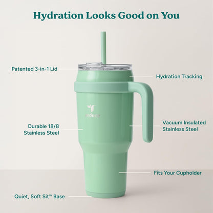 REDUCE 24 oz Stainless Steel Tumbler with Handle - Dual-Wall Vacuum Insulated Travel Mug, Sweat-Proof Lid & Reusable Straw - Keeps Drinks Cold for 24 Hrs, Fits Cupholders, Dishwasher Safe - Lilac Bud