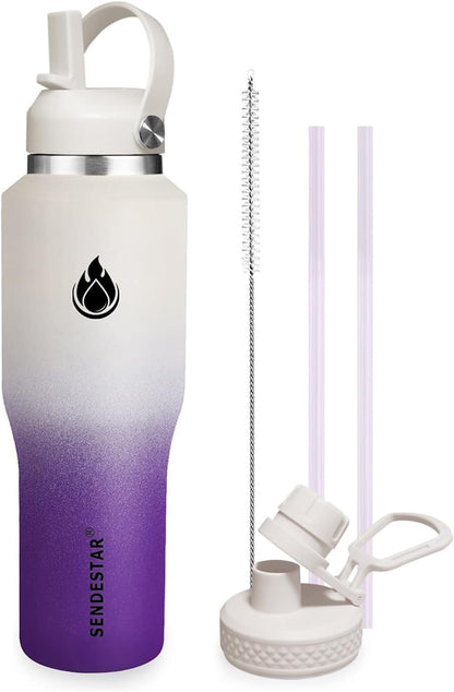 SENDESTAR 40oz Water Bottle Wide Mouth Stainless Steel Vacuum Insulated Double Wall with Straw Lids Fit in Any Car Cup Holder