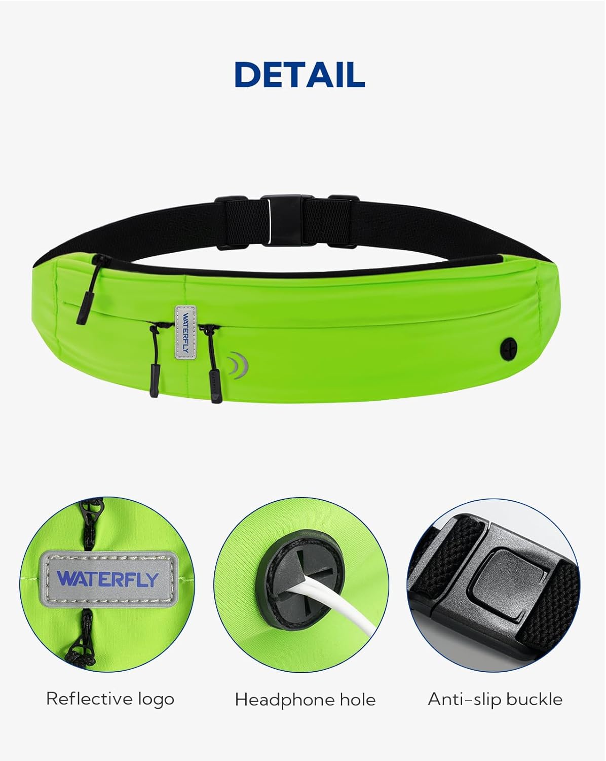 WATERFLY Running Belt Fanny Pack: Runner Marathon Jogging Waist Pack Sport Workout Exercise Fitness Phone Holder Belt for Men Women Jogger Slim Waist Bag Black