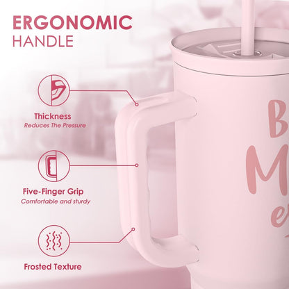 Floral Tumbler with Handle 40oz, Stainless Steel Insulated Tumblers Coffee Travel Mug Cup with Straw, Flower Coffee Cup Gifts for Women Girls, Gift for Her on Christmas Birthday Mothers Day