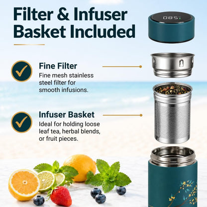 Farasi Tea Infuser for Loose Leaf Tea Smart Water Bottle with Temperature Display, Stainless Steel Insulated Coffee and Fruit Tea Infuser Bottle - Green Floral Travel Tea Mugs 15 oz