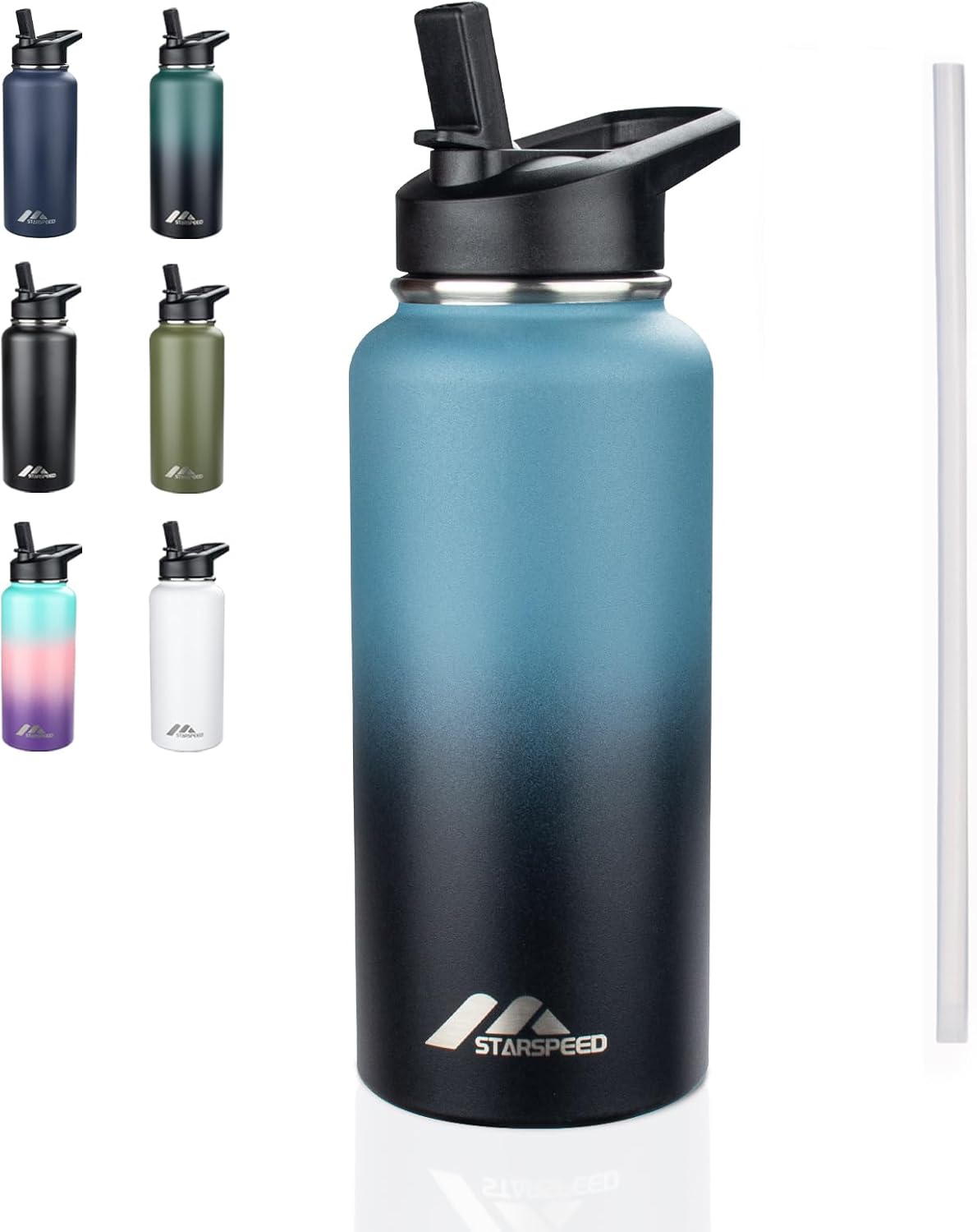 StarSpeed 32oz Insulated Water Bottle with Straw Lid, Stainless Steel Double Walled Vacuum Water Flask, Wide Mouth Sports Water Bottle for Gym Camping Hiking, Indigo Black
