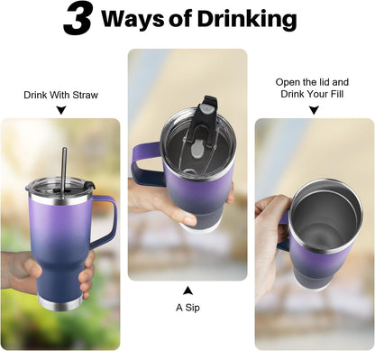 20 oz Tumbler with Handle, Stainless Steel Insulated Tumbler with Lid and Straw, Double Wall Vacuum Coffee Mug Tumbler, Insulated Coffee Thermal Cup for Cold and Hot (Light Purple)
