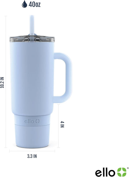 Ello Port 40oz Tumbler with Carry Loop & Integrated Handle, Vacuum Insulated Stainless Steel Reusable Water Bottle, Travel Mug with Leak Proof Lid & Straw, Perfect for Iced Coffee & Tea, White