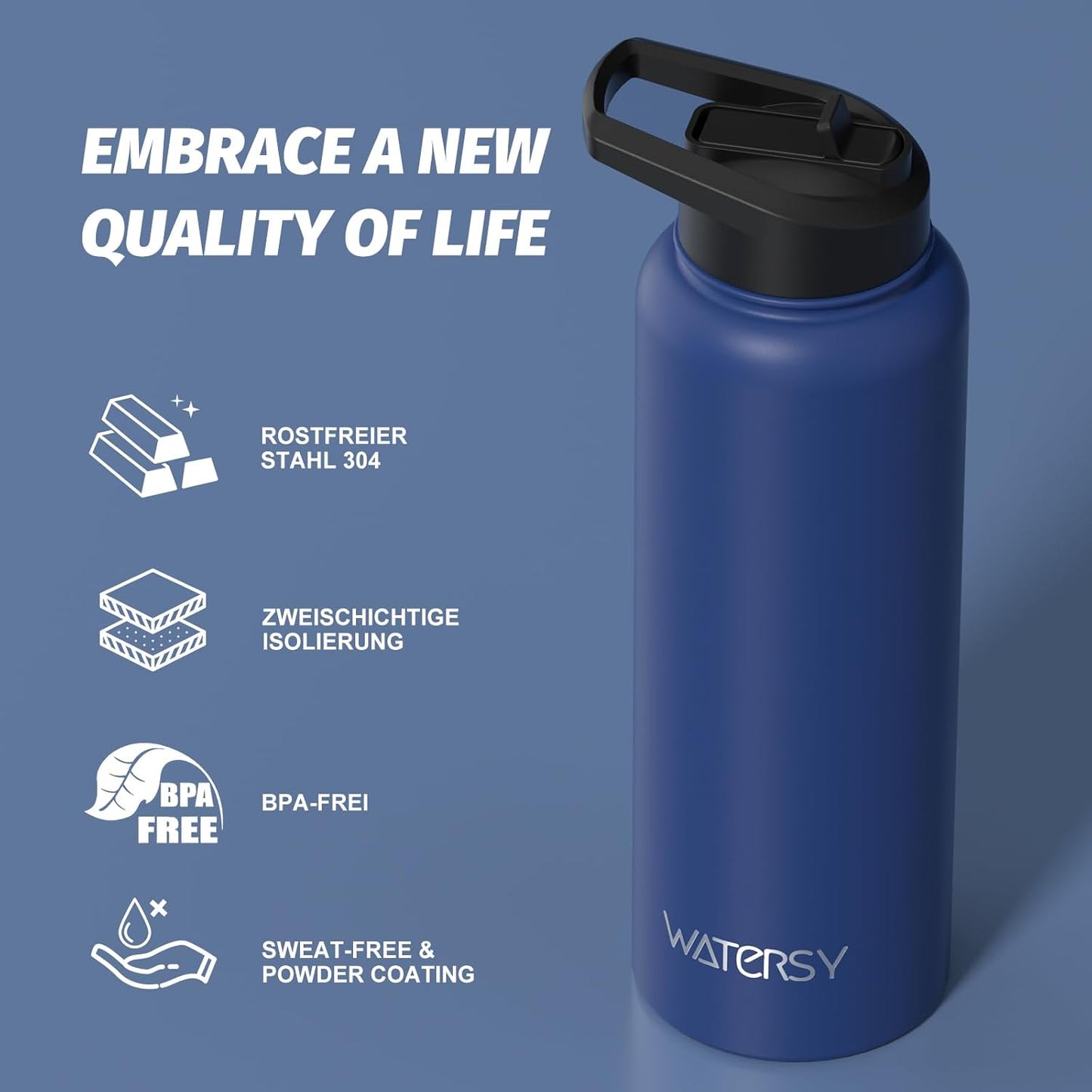 40oz Insulated Water Bottle (Cold for 48 Hrs),BPA Free&Leak Proof,Stainless Steel Water Flask,Water Jug with Straw Spout Lids for Gym,Hiking,Travel,Black Blue