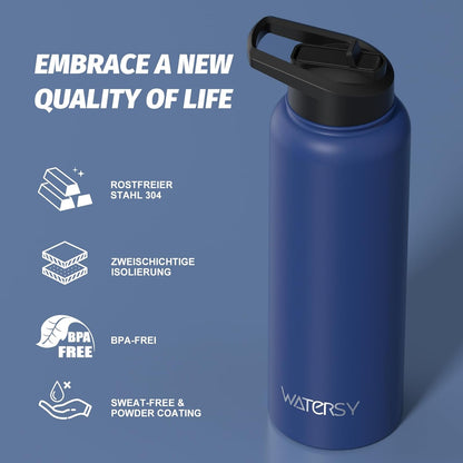 40oz Insulated Water Bottle (Cold for 48 Hrs),BPA Free&Leak Proof,Stainless Steel Water Flask,Water Jug with Straw Spout Lids for Gym,Hiking,Travel,Black Blue