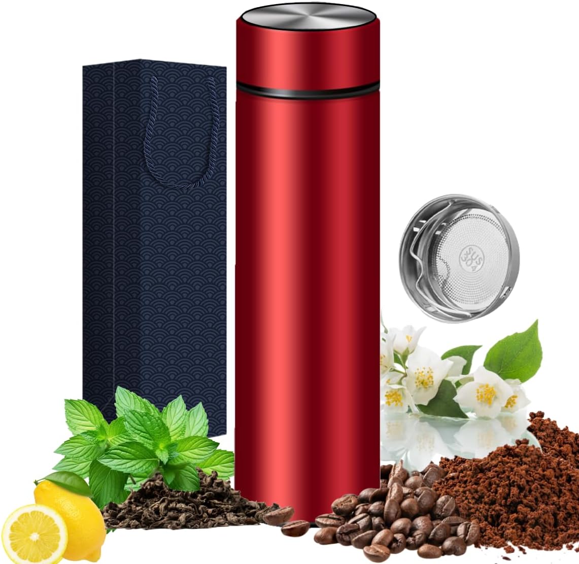 Insulated Water Bottles- Vacuum Tumbler for Coffee, Tea and Drinks with Stainless Steel Infuser - 15 oz Tea Thermo Travel Bottle/Keeps Drinks Hot or Cold for Hours/Gift Packing (Silver)