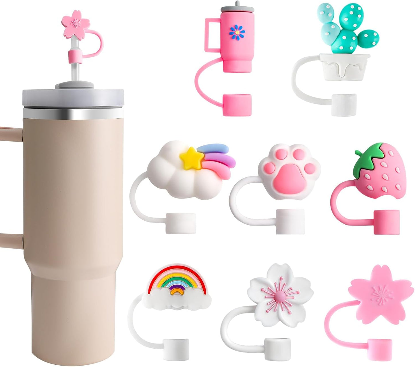 8 Pcs Animal Straw Cover Cap, Silicone Straw Topper for Stanley 30&40 Oz Tumbler Cute Straws Cap in Various Shapes, Straws Covers for 0.4 Inch/10 mm Tips Gifts for Women Girls Teens