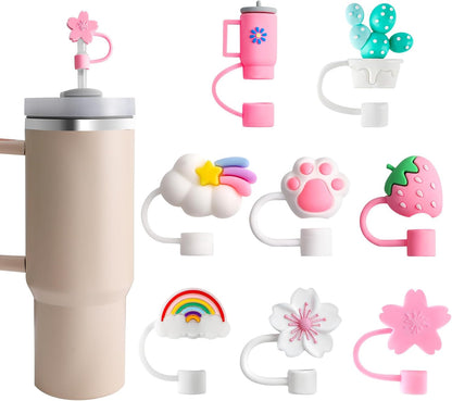 8 Pcs Animal Straw Cover Cap, Silicone Straw Topper for Stanley 30&40 Oz Tumbler Cute Straws Cap in Various Shapes, Straws Covers for 0.4 Inch/10 mm Tips Gifts for Women Girls Teens