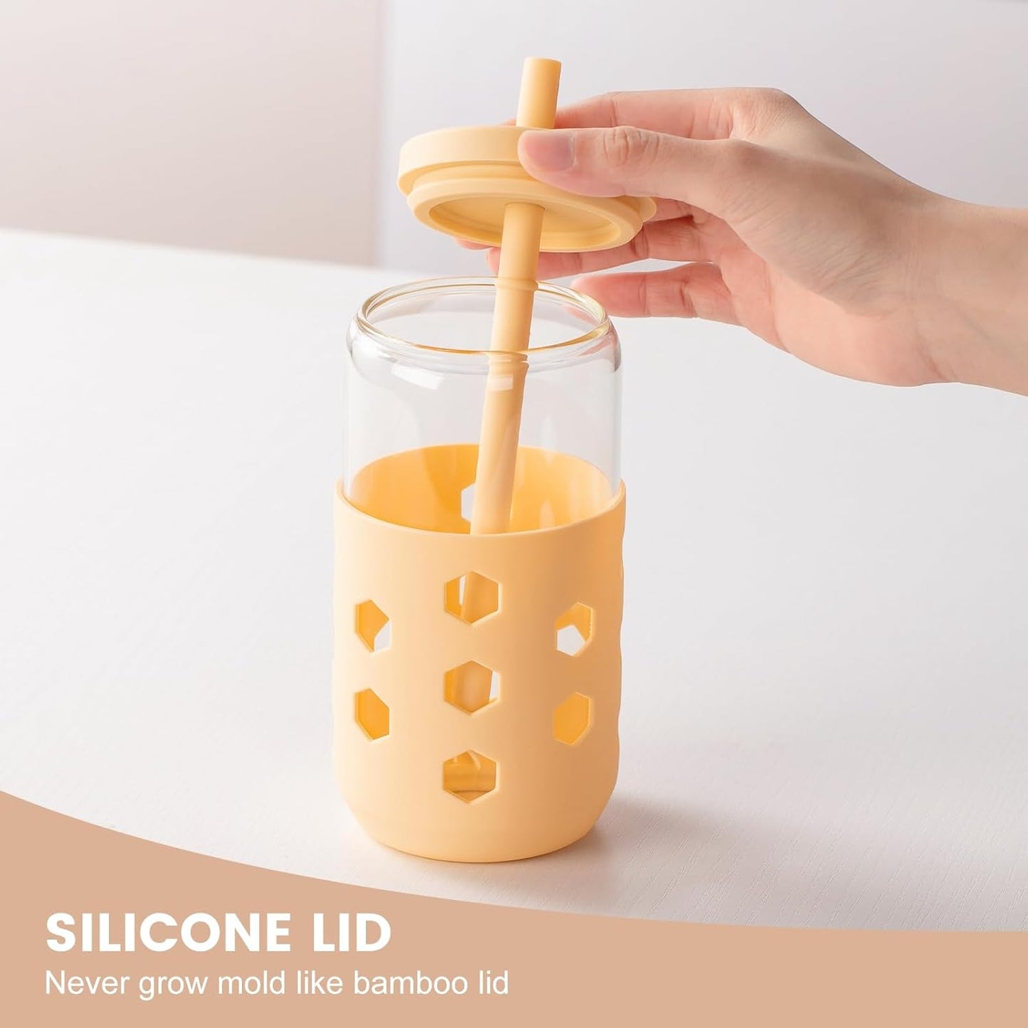 Mrsdry Glass Cups with Lids and Straws (4 Pcs), 16oz Drinking Glasses Set with Silicone Sleeves for Coffee Bar Accessories Iced Coffee Cups with Lids, Glass Tumbler Reusable for Gifts