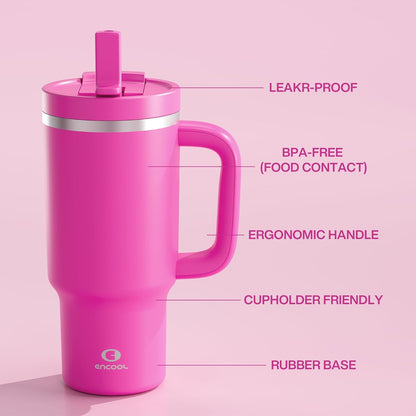 40 oz Tumbler with Handle and Straw: Stainless Steel Insulated Tumbler Keeps Cold for 24 Hours, Leakproof Travel Cup Fits in Cup Holder and BPA-Free, Cotton Candy
