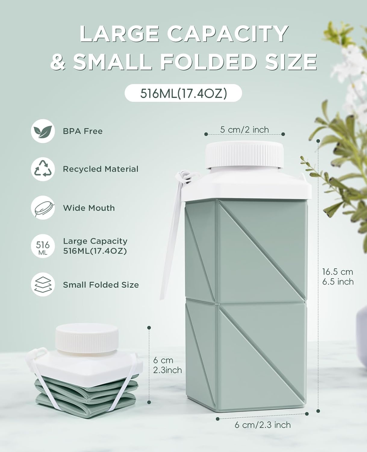 Collapsible Water Bottles 17.4oz(516ML), 2nd Generation Leakproof BPA-Free Travel Water Bottle,Lightweight Reusable Water bottle, Portable for Travel Cycling Gym Sports,Champagne White, 1 Pack