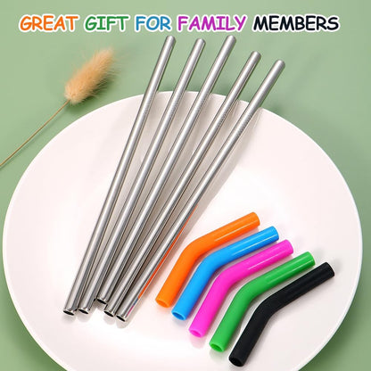Lazycorner 16 Pcs Metal Straw Reusable 8.5" 10.5" 6mm Stainless Steel Straws for Tumblers 20oz-32oz, Rainbow Drinking Straws with Silicone Tips, 4 Straw Cleaner Brush, 1 Travel Case