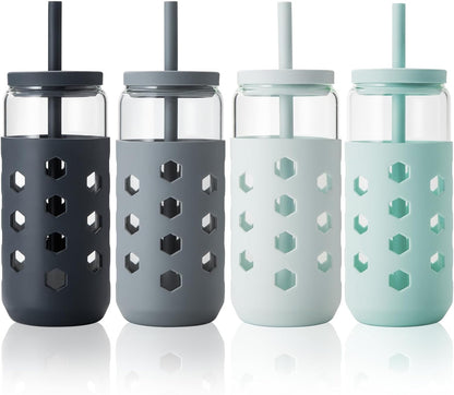 Mrsdry Glass Cups with Lids and Straws (4 Pcs), 16oz Drinking Glasses Set with Silicone Sleeves for Coffee Bar Accessories Iced Coffee Cups with Lids, Glass Tumbler Reusable for Gifts