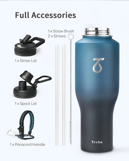 Trebo 40 oz Water Bottle Insulated Fit Car Cup Holder with Handle, Stainless Steel Water Bottles Tumbler with Spout Straw Lids, Double Wall Travel Reusable Flask, Leakproof Mug,Keep Cold &Hot,Black