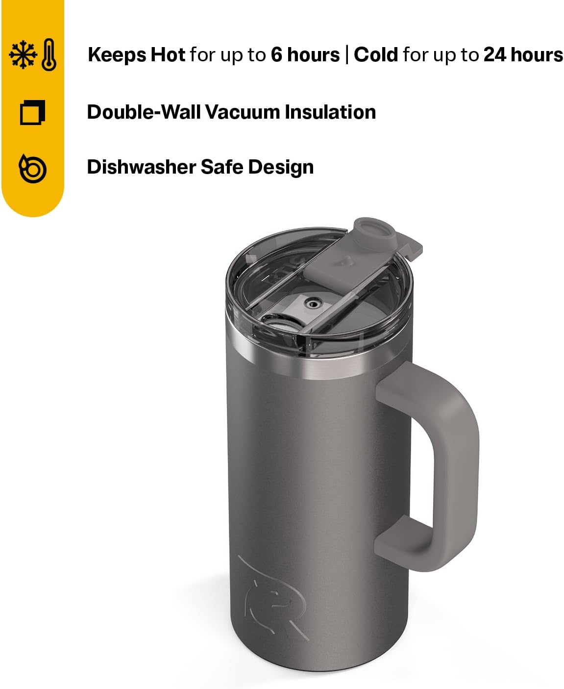 RTIC 20oz Road Trip Travel Mug with Lid and Handle, Ceramic Lined, Insulated, Stainless Steel, Metal, Double Wall Vacuum-Insulation, Portable Coffee, Tea Cup for Hot and Cold Drink, Black