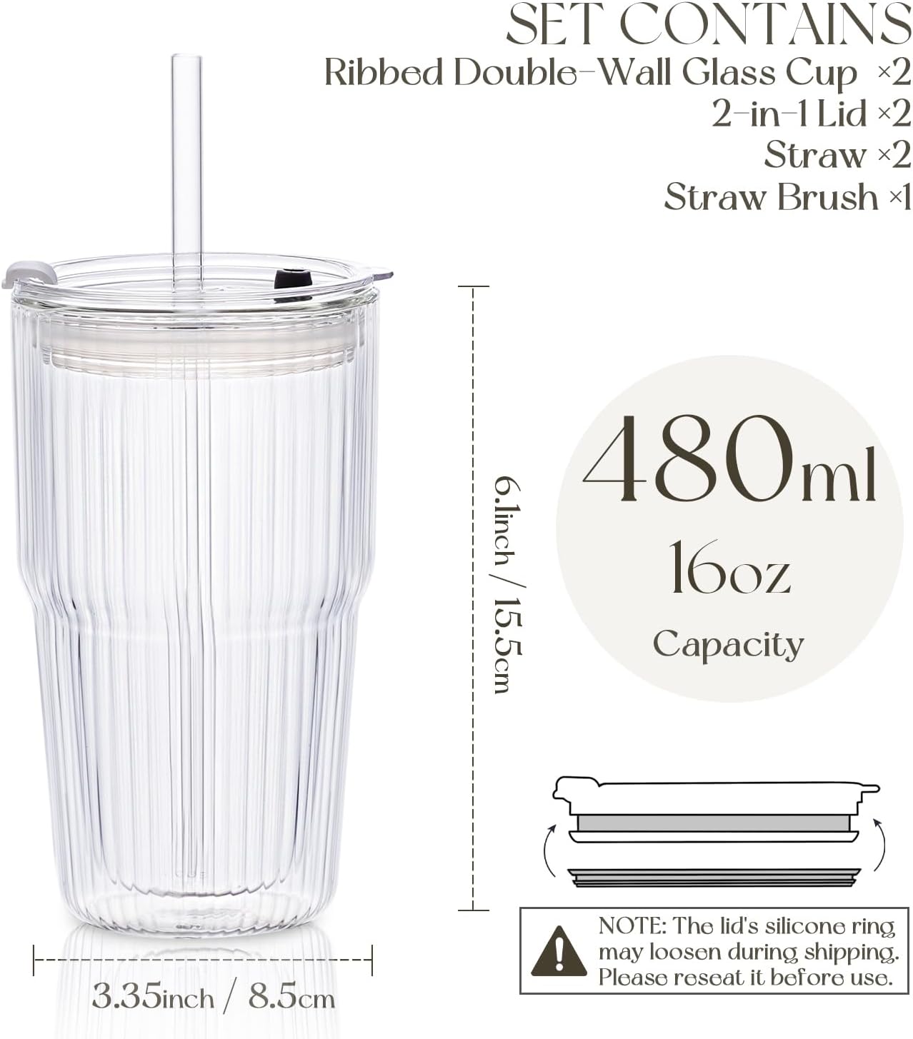 KEMORELA 16oz Ribbed Glass tumbler with Lids and Straws 2pcs,Double Wall Iced Coffee Cups with Lids,Coffee Bar Accessories, Insulated Borosilicate Glass Tumblers, To Go Coffee Cups, Spill proof