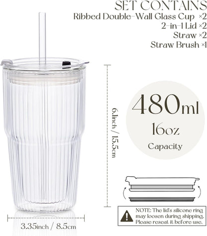 KEMORELA 16oz Ribbed Glass tumbler with Lids and Straws 2pcs,Double Wall Iced Coffee Cups with Lids,Coffee Bar Accessories, Insulated Borosilicate Glass Tumblers, To Go Coffee Cups, Spill proof