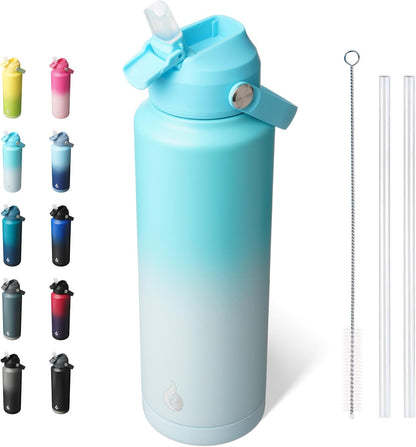 BJPKPK Insulated Water Bottle with Straw Lid, 18oz Thermo Water Bottles with Soft Nozzle, Flex Handle & Non-slip Boot, BPA Free Leak Proof Stainless Steel Metal Thermo, Tumblers, Cups,Sea Salt