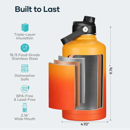 BUZIO 40oz Insulated Water Bottle, Triple Wall Vacuum Stainless Steel Water Flask with 2 lids, Lead-Free BPA-Free Straw Lid Sports Canteen Jug, Cold 48H & Hot 24H- Black - Colors A