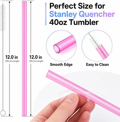 Joshey 12 Inch Tritan Replacement Straws for Stanley 40oz Tumbler - 6 Pack Reusable Long Straws with Cleaning Brush, Fits 30oz & 40oz Stanley Cup Accessories, BPA-Free (6 Colors)