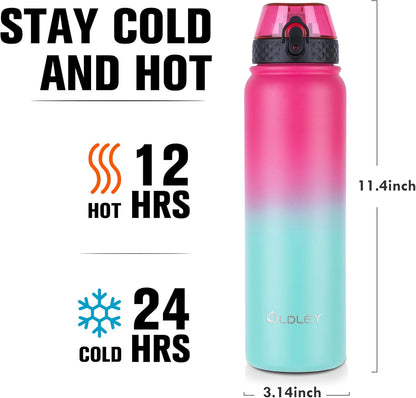 Oldley Insulated Water Bottle 20oz for Adults Kids Stainless Steel Water Bottles with Straw/Chug/Carabiner 3 Lids Fruit Strainer Double Wall Vacuum Wide Mouth BPA Free Leak-Proof for School Travel