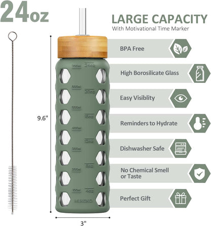 MUKOKO Glass Water Bottles, 32oz Glass Tumbler with Straw, Drinking Bottles with 2 Lids-Handle Spout Lid&Bamboo Straw Lid, Motivational Water Bottle with Time Marker and Silicone Sleeve, 1 Pack-Olive
