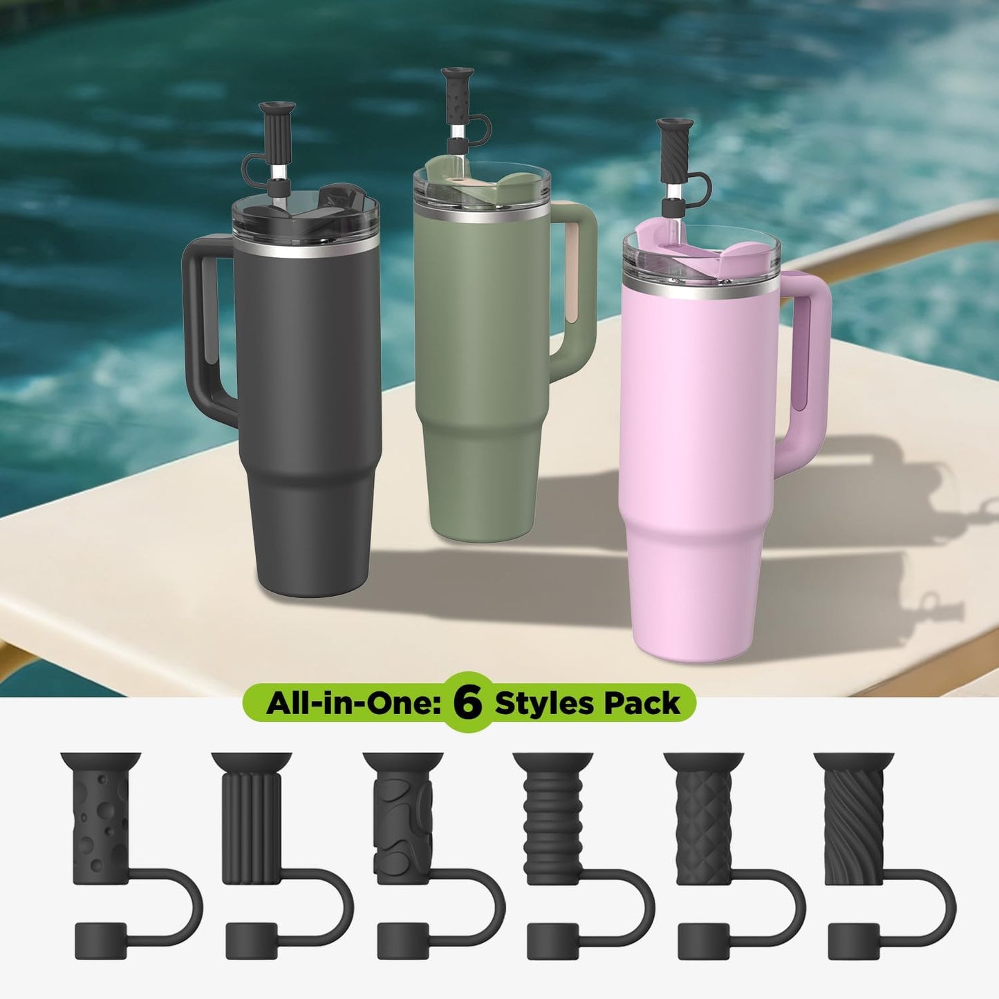 6 Pcs Straw Cover Caps with Suction Base, 0.4in/10mm Straw Toppers for Stanley Cup 30/40 oz, Multicolor