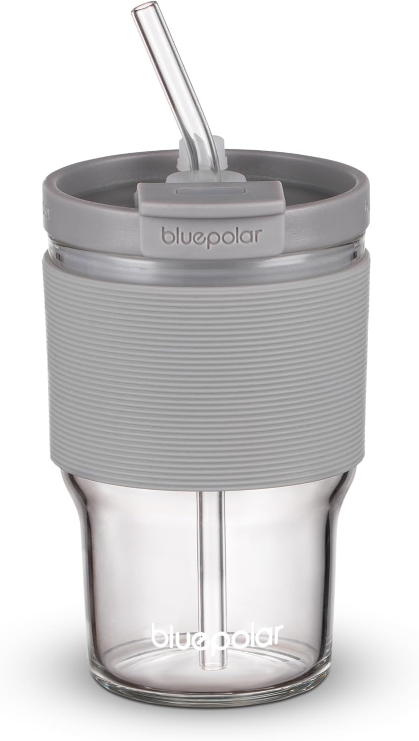 BLUEPOLAR 16oz/480ml Iced Coffee Cups With Lids And Straws,Reusable Leakproof Glass Tumbler,Water Bottles,Cold Brew,Drinking Jars For Juicing,Matcha,Tea,Smoothie For Travel,Office (Off-White)