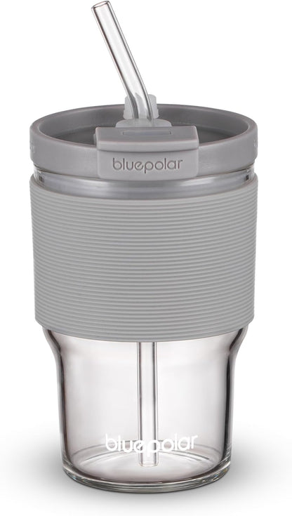 BLUEPOLAR 16oz/480ml Iced Coffee Cups With Lids And Straws,Reusable Leakproof Glass Tumbler,Water Bottles,Cold Brew,Drinking Jars For Juicing,Matcha,Tea,Smoothie For Travel,Office (Off-White)