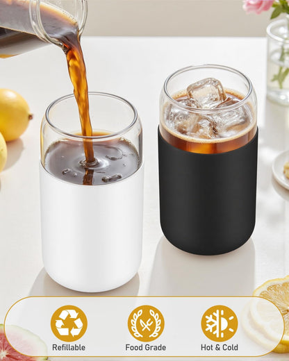 sungwoo 4PCS Glass Cups with Bamboo Lids and Straws, 16OZ Ice Coffee Cup, Drinking Cup set with Wooden Lids, Home Essential Glass Tumblers for Beer, Cocktail, Tea and Latte Clear