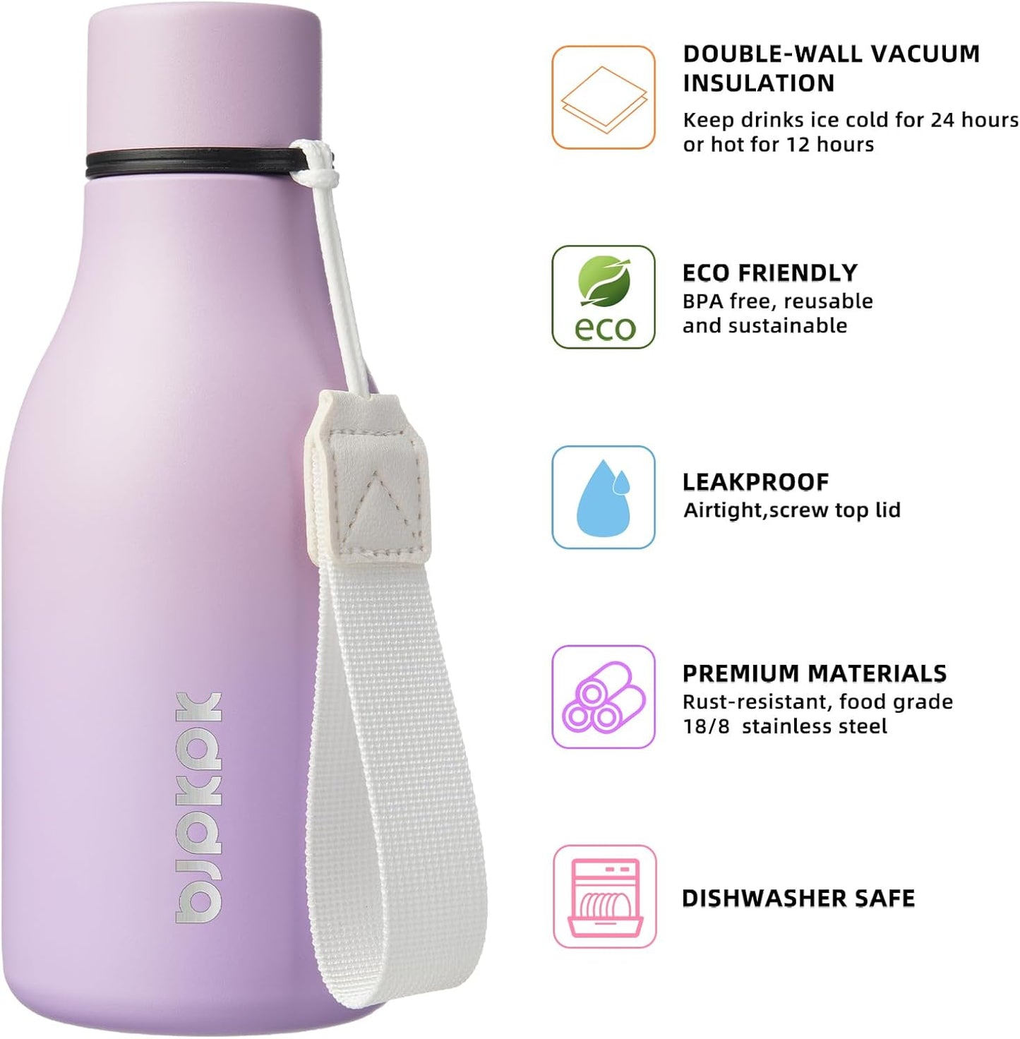 BJPKPK Insulated Water Bottles, 18 oz Stainless Steel Metal Water Bottle with Strap, BPA Free Leak Proof Jugs, Mugs, Flasks, Reusable Thermal Flasks for Sports & Travel, Black - Colors A