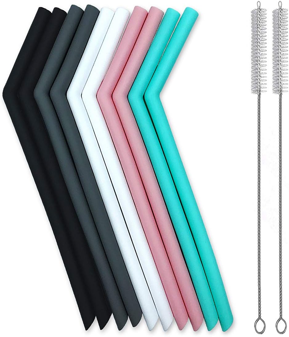 Set of 10 Large Reusable Silicone Straws Pink Thick Smoothie Silicone Drinking Straws with Cleaning Brushes- Extra Long Flexible -For 20oz 30oz and 40oz Tumblers BPA Free Non Rubber
