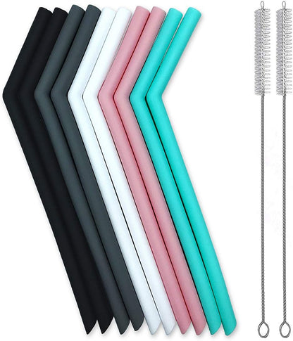Set of 10 Large Reusable Silicone Straws Pink Thick Smoothie Silicone Drinking Straws with Cleaning Brushes- Extra Long Flexible -For 20oz 30oz and 40oz Tumblers BPA Free Non Rubber
