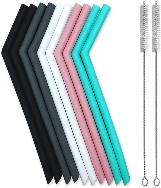 Set of 10 Large Reusable Silicone Straws Pink Thick Smoothie Silicone Drinking Straws with Cleaning Brushes- Extra Long Flexible -For 20oz 30oz and 40oz Tumblers BPA Free Non Rubber