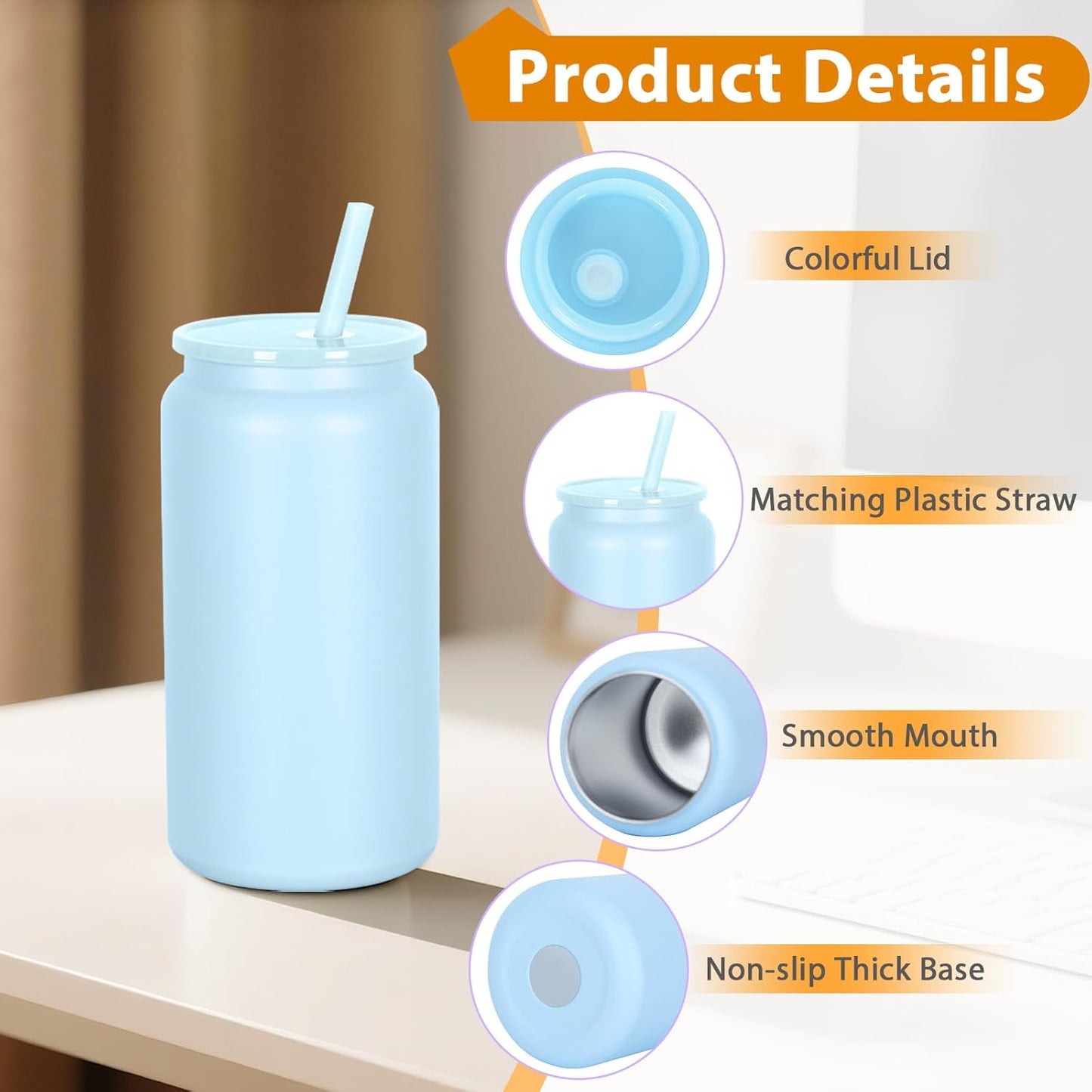 16oz Stainless Steel Can Tumblers, 16 Pack Insulated Beer Can Glass Cups with Lids and Straws, Iced Coffee Cup for Smoothie, Juice, Soda, Milk, Multiple colors