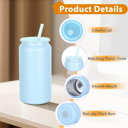 16oz Stainless Steel Can Tumblers, 16 Pack Insulated Beer Can Glass Cups with Lids and Straws, Iced Coffee Cup for Smoothie, Juice, Soda, Milk, Multiple colors