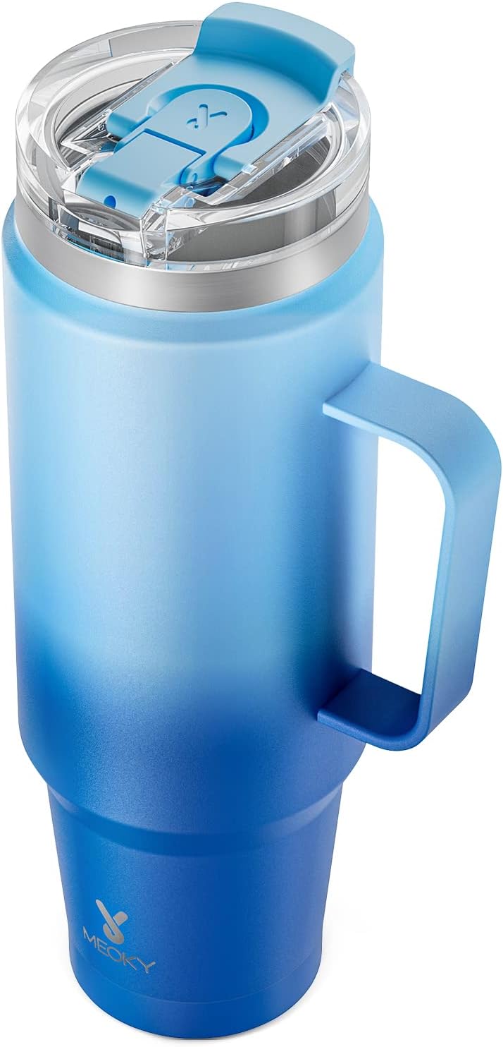 Meoky 32oz Tumbler with Handle, Stainless Steel Travel Mug with 2-in-1 Straw and Sip Lid, Vacuum Insulated Coffee Mug, 100% Leak Proof, Keeps Cold for 24 Hours or Hot for 8 Hours (Sky)