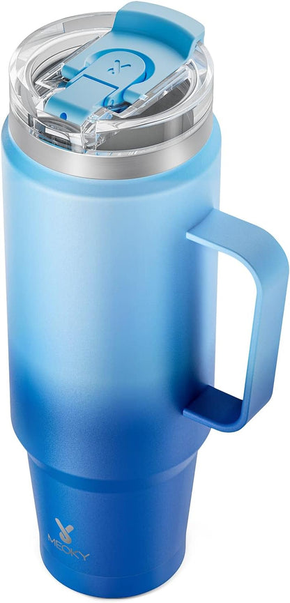 Meoky 32oz Tumbler with Handle, Stainless Steel Travel Mug with 2-in-1 Straw and Sip Lid, Vacuum Insulated Coffee Mug, 100% Leak Proof, Keeps Cold for 24 Hours or Hot for 8 Hours (Sky)