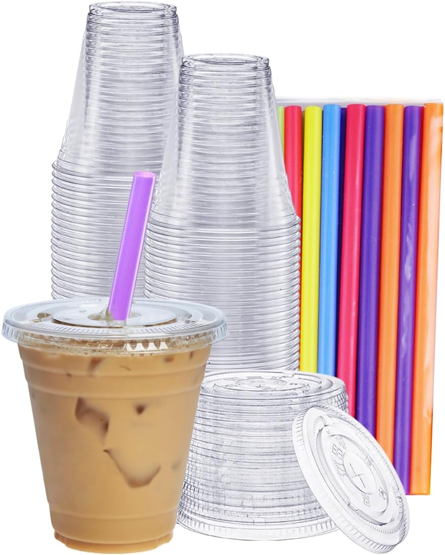 GUSTO [24 oz. - 100 Count Clear Cups with Flat Lids & Straws - Disposable Clear Drinking Cups for Iced Coffee, Cold Drinks, Milkshakes, and Smoothies - Formerly Comfy Package