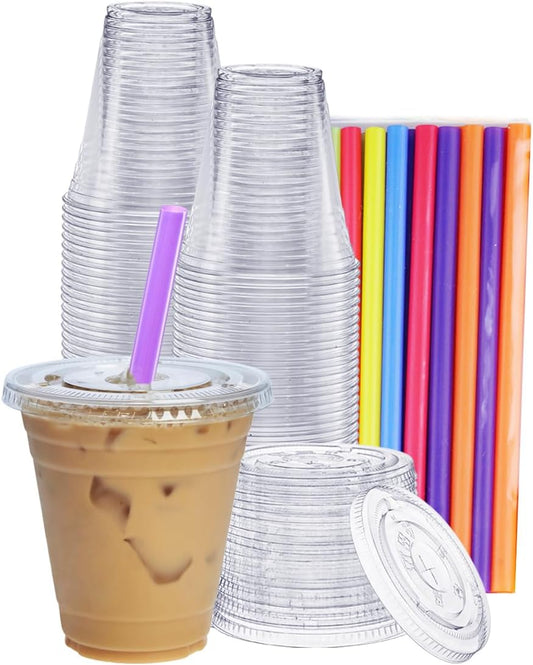 GUSTO [24 oz. - 100 Count Clear Cups with Flat Lids & Straws - Disposable Clear Drinking Cups for Iced Coffee, Cold Drinks, Milkshakes, and Smoothies - Formerly Comfy Package