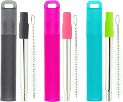 NAIVELY-Metal Reusable Straws 3 Pack Collapsible Portable Stainless Steel Drinking Straw Telescopic Travel Straw, with Case and Cleaning Brush Foldable Pocket Straws