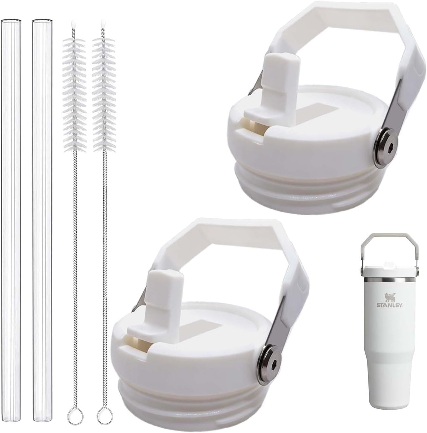 2-Pack Replacement Flip Straw Lids for Stanley IceFlow Tumbler 30oz and 20oz, Spill-Proof Cap with 2 Reusable Straws & 2 Cleaning Brushes, BPA-Free, Easy to Clean