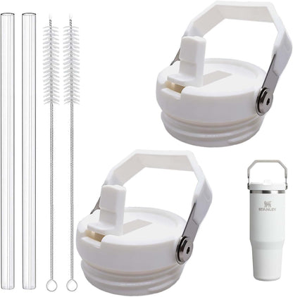 2-Pack Replacement Flip Straw Lids for Stanley IceFlow Tumbler 30oz and 20oz, Spill-Proof Cap with 2 Reusable Straws & 2 Cleaning Brushes, BPA-Free, Easy to Clean