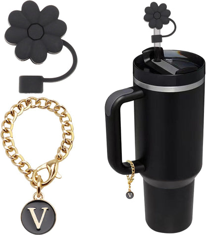 Stanley Cup Accessories, 1pc Flower Stanley Straw Cover Silicone Straw Topper for Stanley 30&40 oz Tumbler with Handle and 1pc Initial Letter Charm for Stanley Cup (Letter D)
