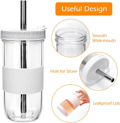 Mapoxy 6 Pack 24oz Mason Jar Cups with Lids and Straws, White Boba Cups Set, Glass Drinking Jars for Bubble Tea, Smoothie, Iced Coffee, Complete with Sleeves, Dishwasher Safe Reusable Tumbler
