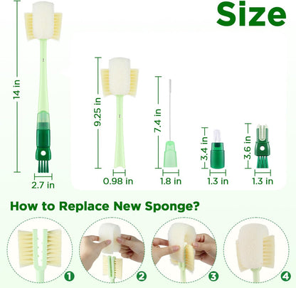 OUTXE 5 Pack Bottle Brush Set, 5-in-1 Water Bottle Cleaner Brush, 15"" Long Handle Bottle Cleaning Brush, 3 Straw Brush, Removable Nipple Brush, Detail Brush for Cup Lid Gap, WBBSBLB5